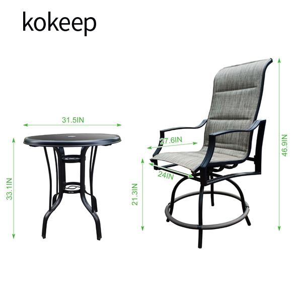 kokeep On Shine 3 PCS Outdoor Furniture,Patio Height Swivel Bar two Chairs and One Table,Bistro Set，Patio Furniture Set，Suitable for Yard,Backyard and Garden