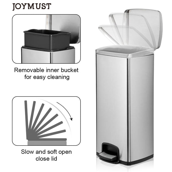 JOYMUST Rectangle, Stainless Steel, Soft-Close, Step Trash can, 30L
